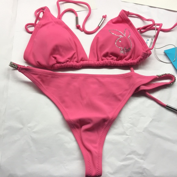 Vintage playboy bunny bikini crystal thong Pink swimsuit g string iconic sexy V2 - Picture 4 of 10
